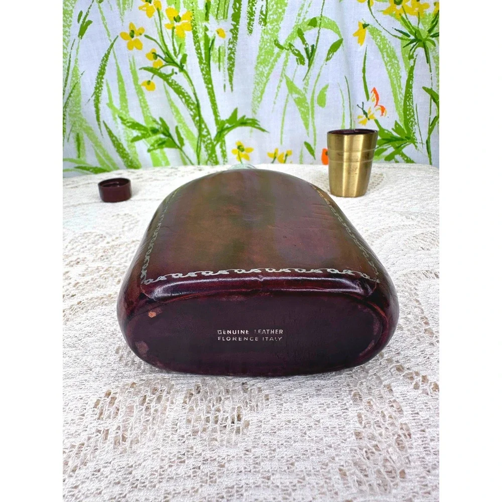 Vintage Florentine Leather Hip Flask Gold Decorated Italy Genuine Leather Brown